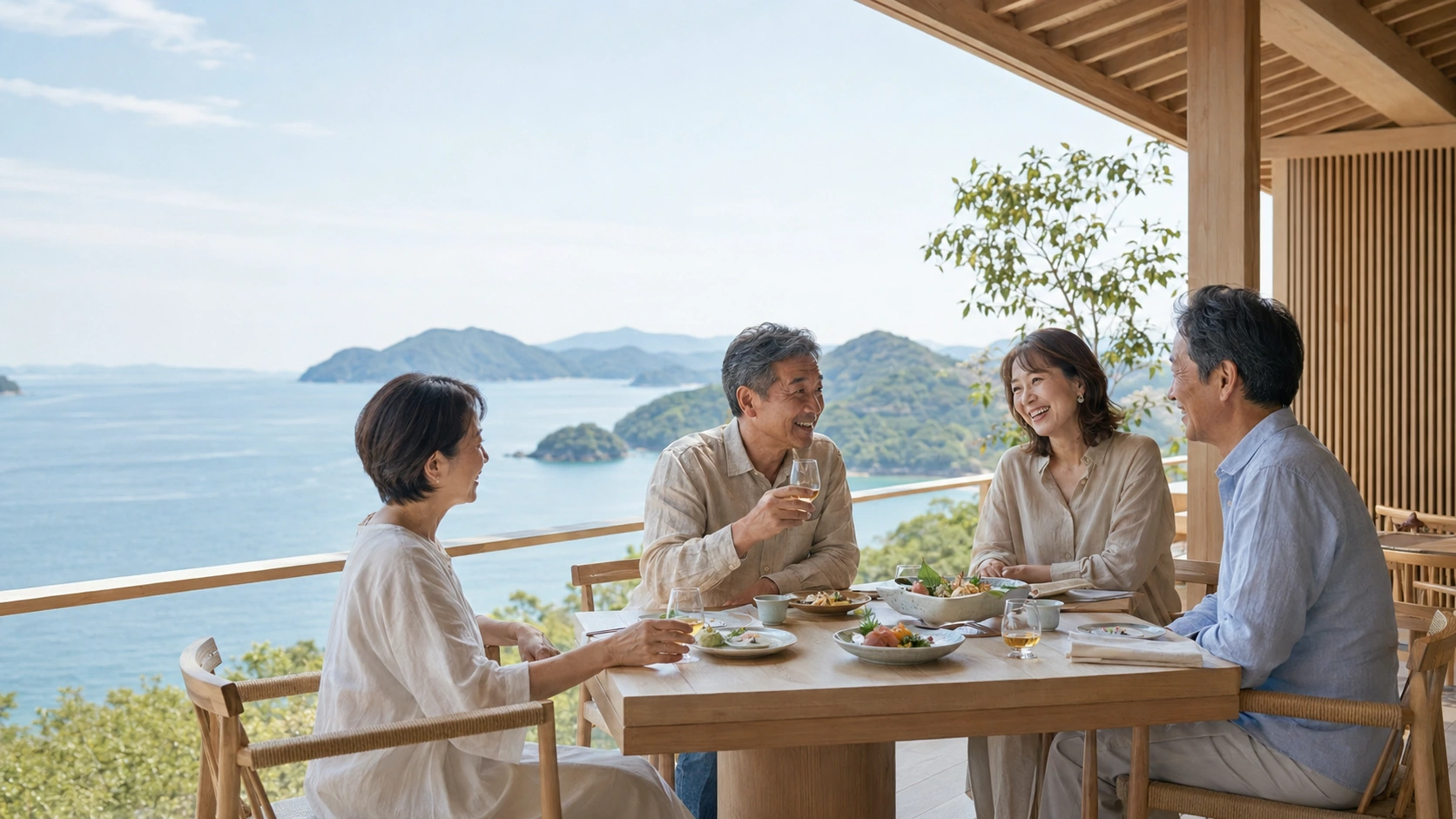 瀬戸内の島々を望むテラスで食事とウイスキーを楽しむ人々
