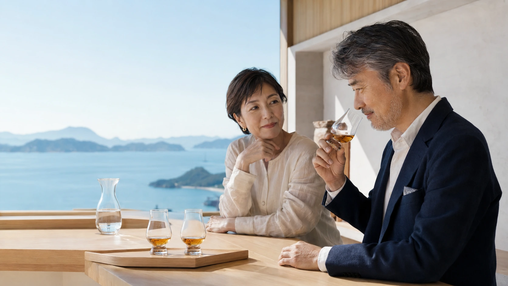 瀬戸内の景色を眺めながら三段階のウイスキーを試飲するオーナー